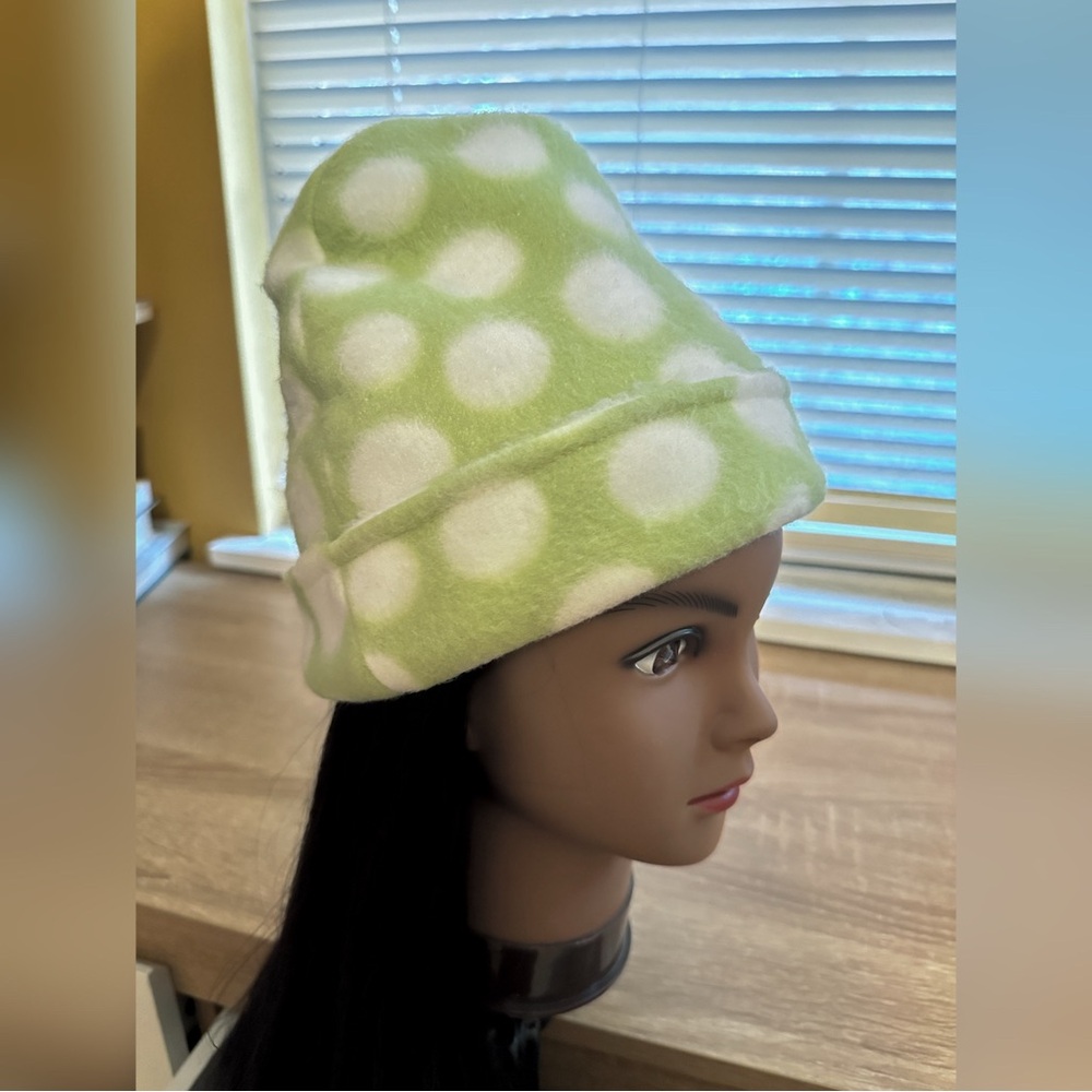 Handmade Light Green White Polka Dot Fuzzy Knit Thick Winter Beanie Hat